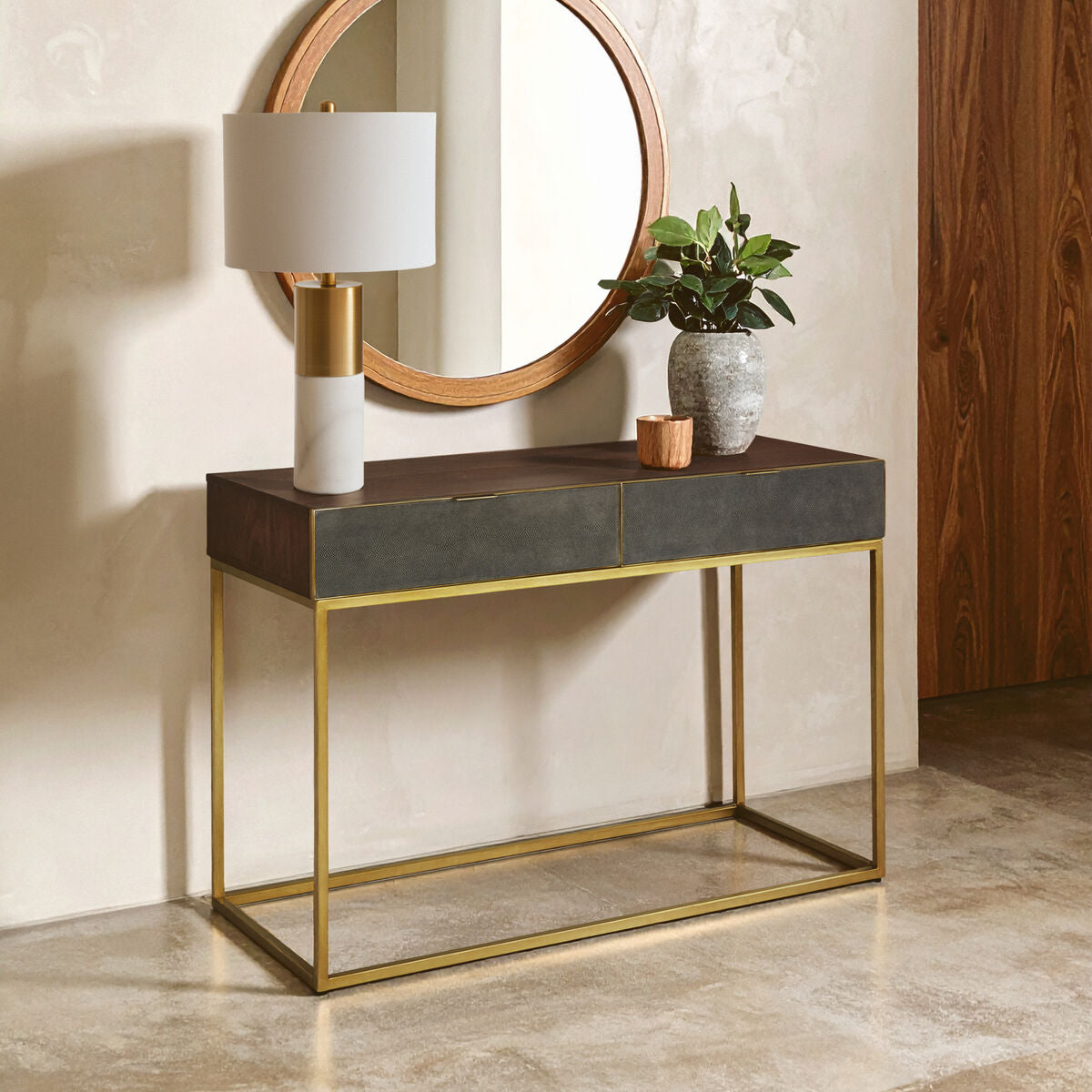 Kempton Grey Shagreen Effect and Walnut Veneer Console Table