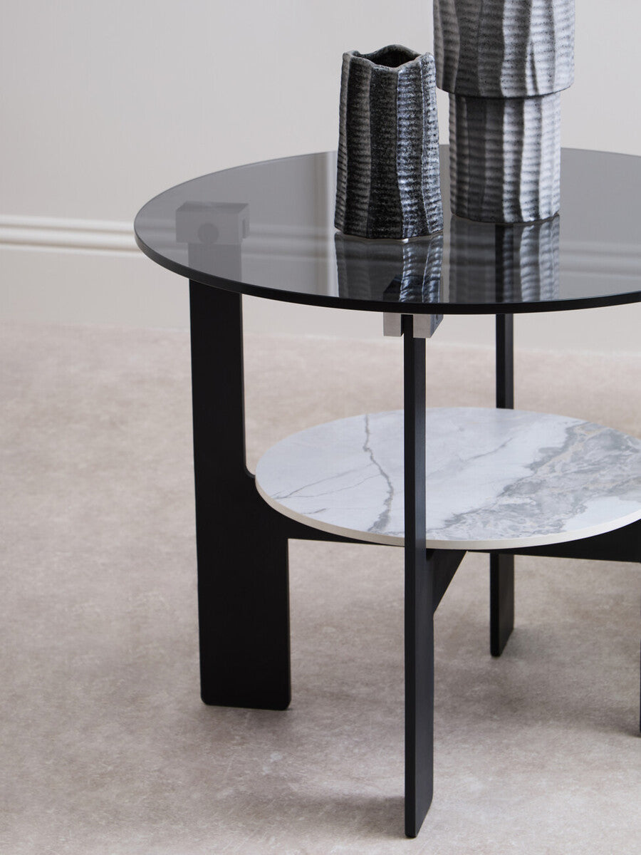 Imperia Grey Glass and White Ceramic Small Round Coffee Table