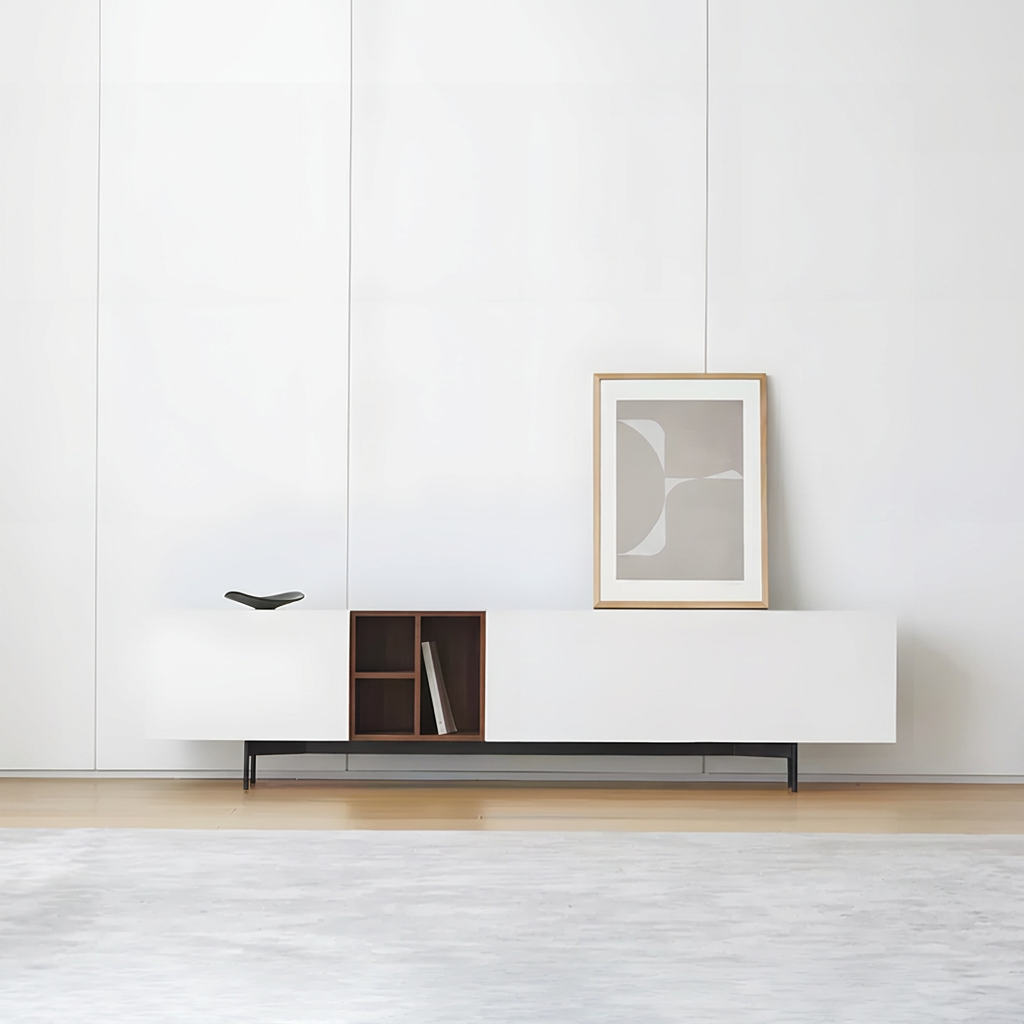 6. Acacia white TV stand viewed from the front