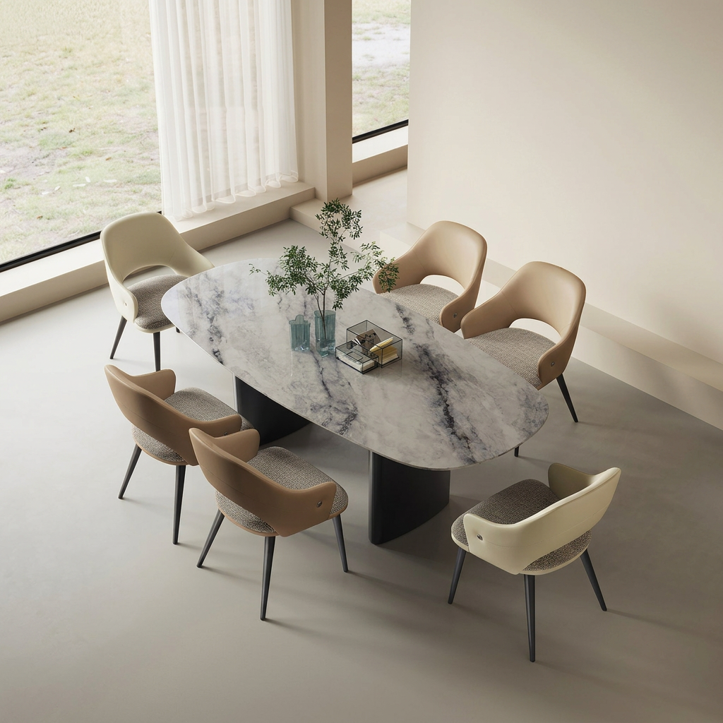 6. Bianchi dining chairs around a marble dining table