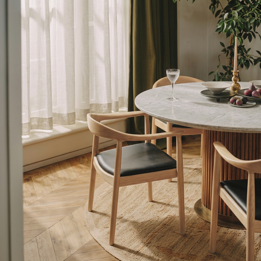 6. Kennedy light oak dining chair beside a window