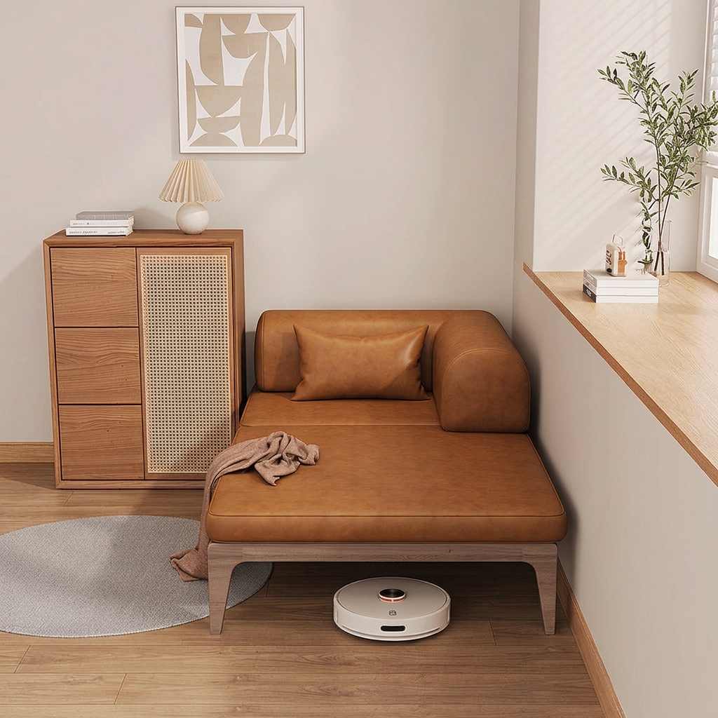 6. Ocampo brown leather sofa bed with a robot vacuum underneath