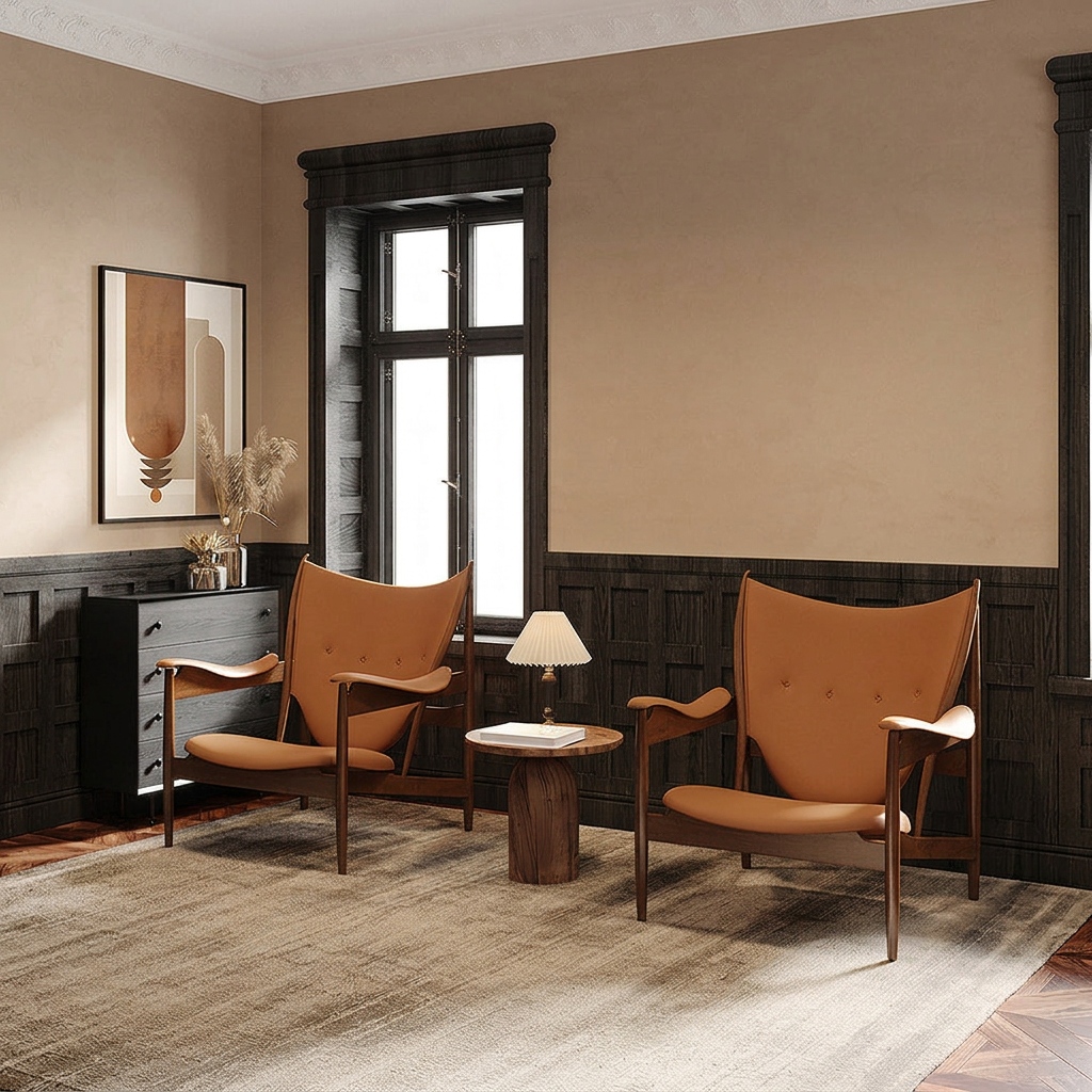 6. Zelenko tan leather lounge chairs beside a window