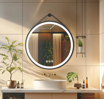 60/70/80CM Round LED Bathroom Mirror Wall Hanging Frontlit Vanity Makeup Mirror with Leather Strap Touch Anti - fog
