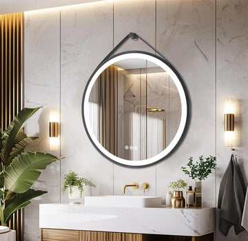 60/70/80CM Round LED Bathroom Mirror Wall Hanging Frontlit Vanity Makeup Mirror with Leather Strap Touch Anti - fog