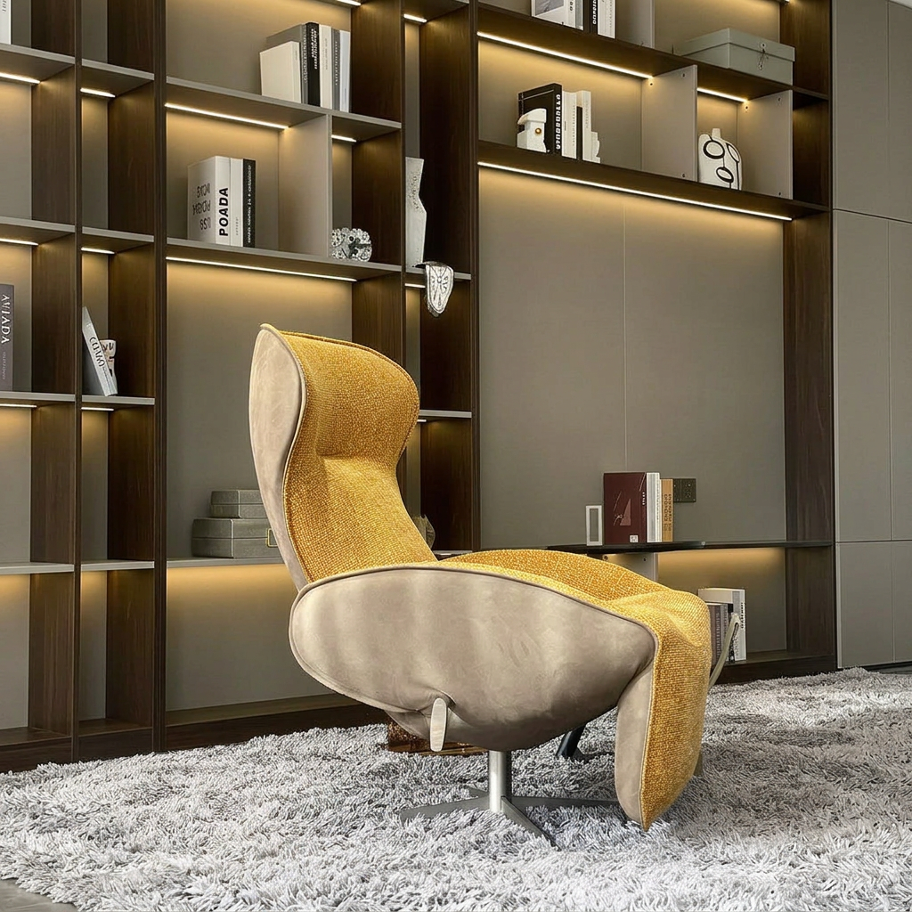 7. Abt mustard swivel recliner beside illuminated shelves