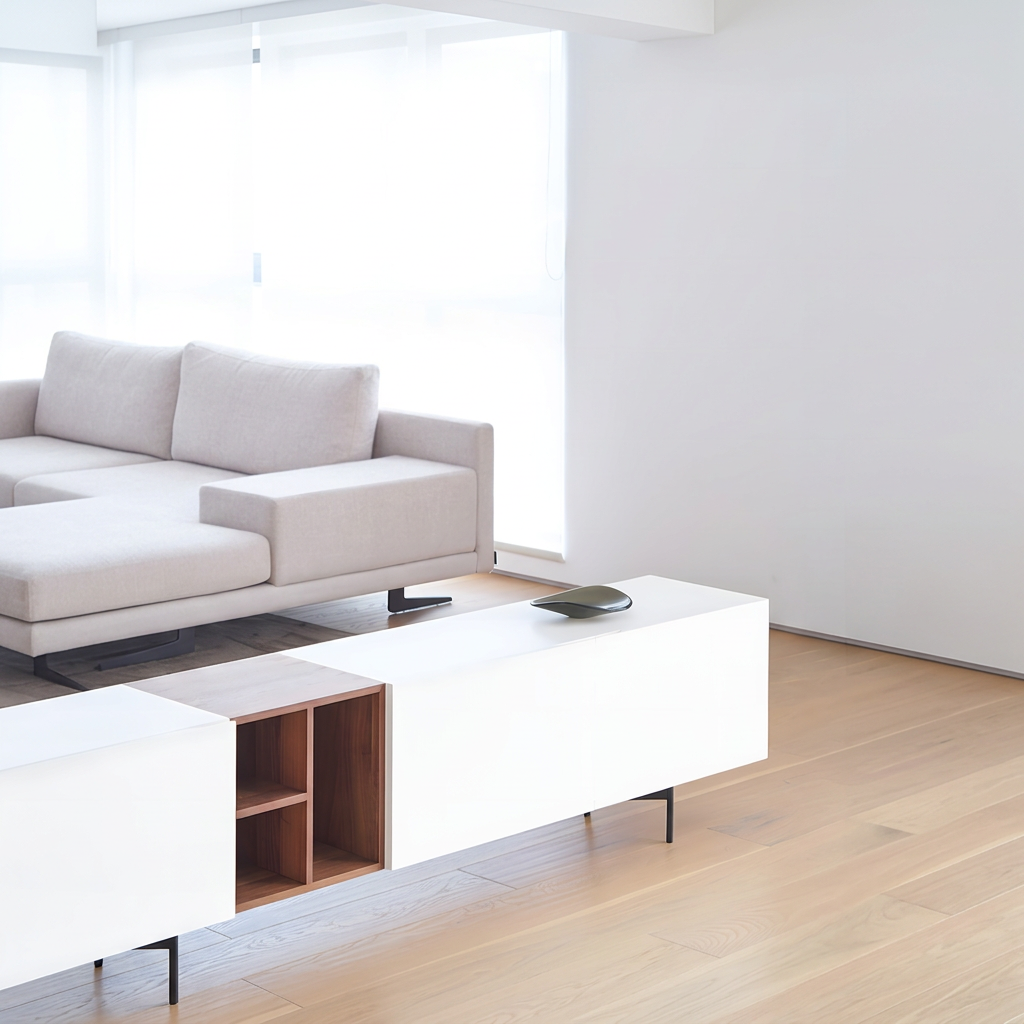 7. Acacia white TV stand viewed at an angle beside a sofa