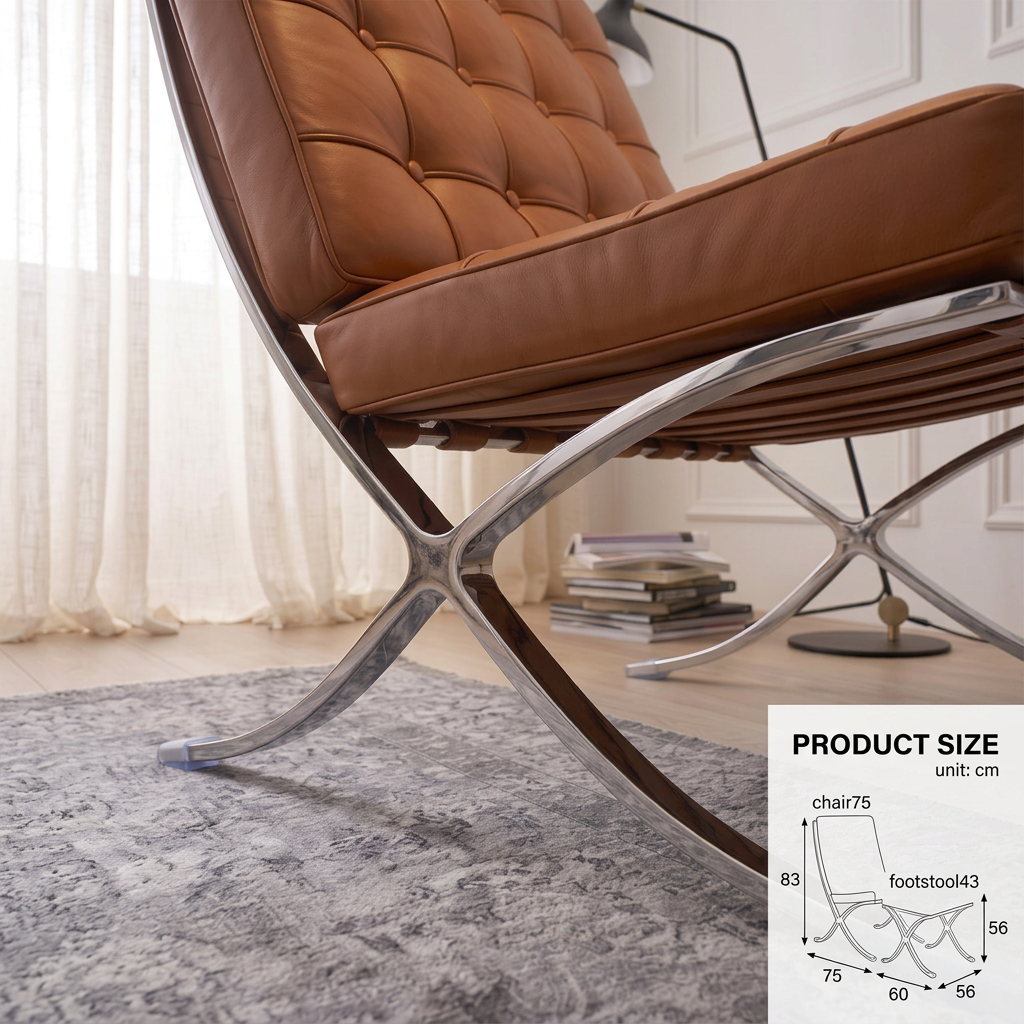 7. Barcelona brown leather chair cushion and chrome frame detail