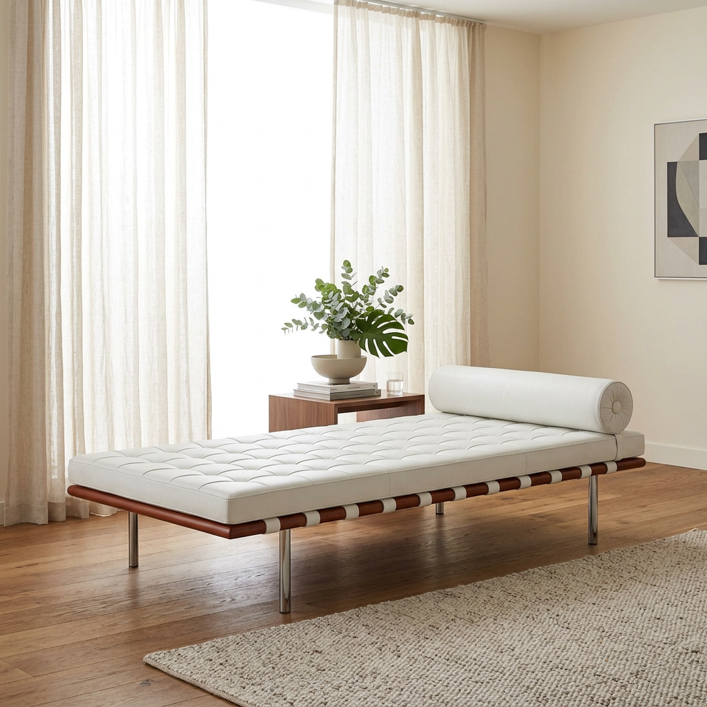 7. Barcelona white leather daybed in a contemporary ivory living room