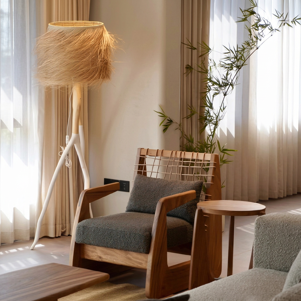 7. Delaney charcoal armchair beside a floor lamp
