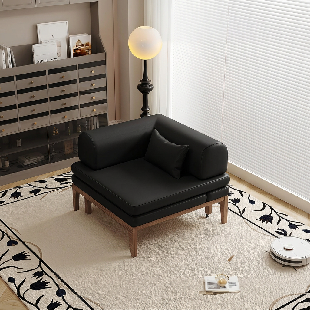 7. Ocampo black leather corner sofa bed beside a window