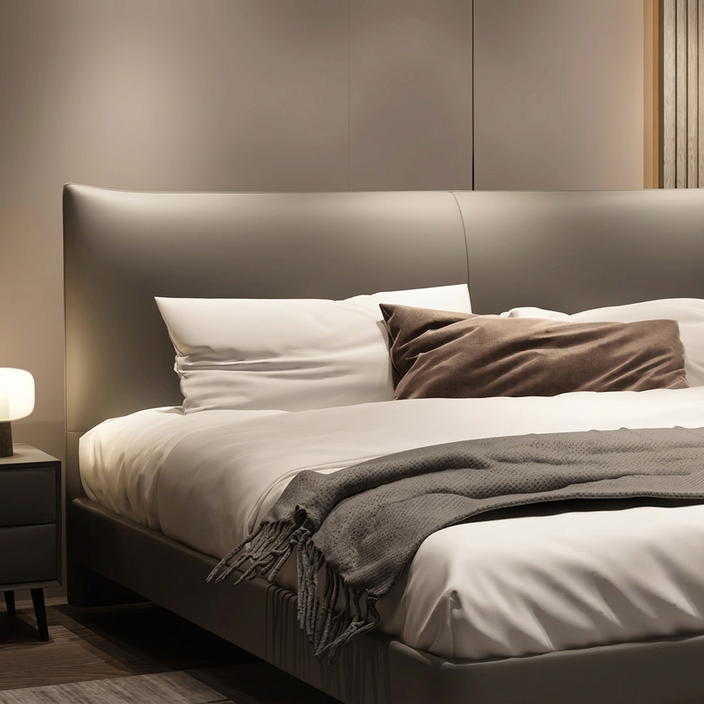7. Viktor taupe headboard and bedding detail