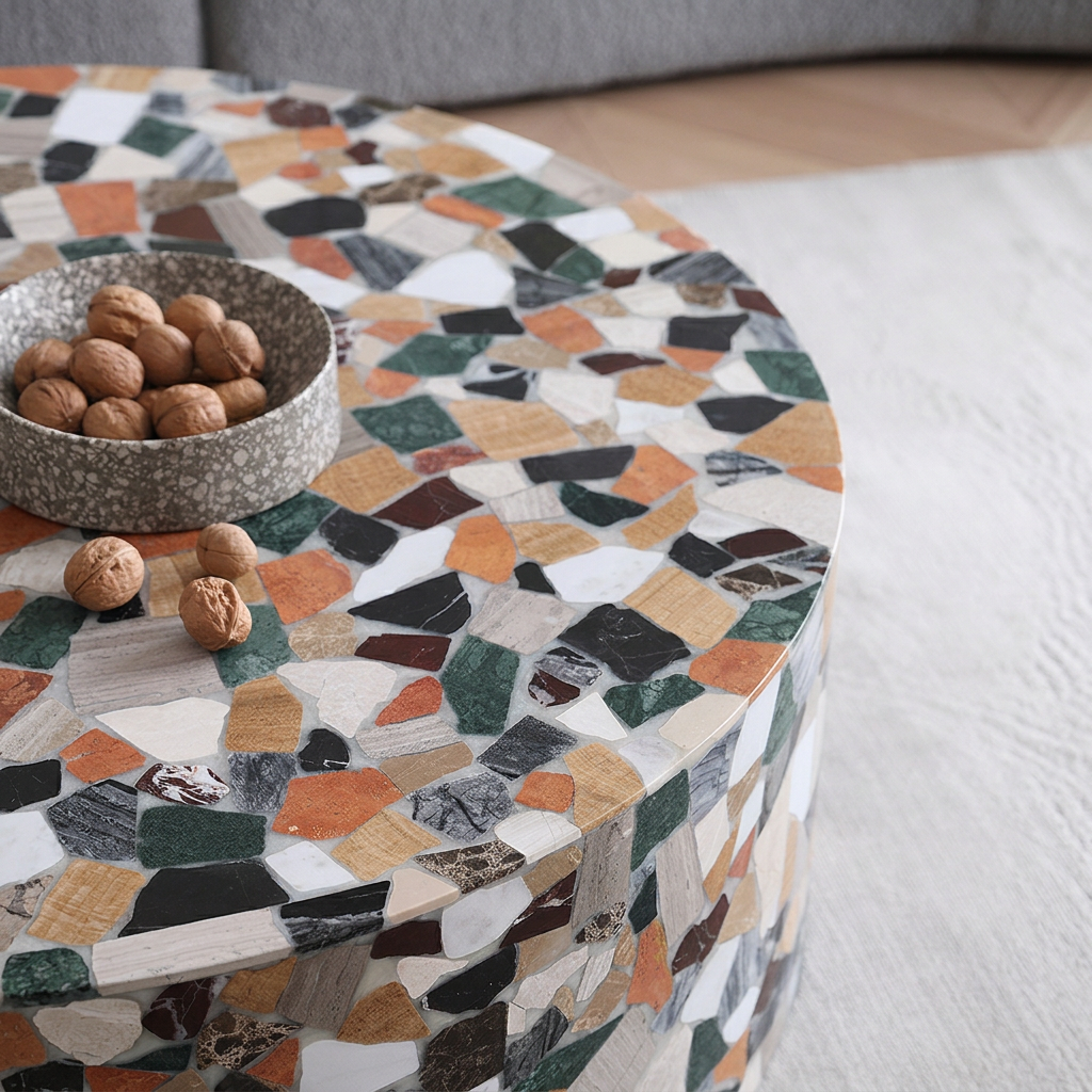 7. Zahra mosaic marble tabletop and rounded edge detail