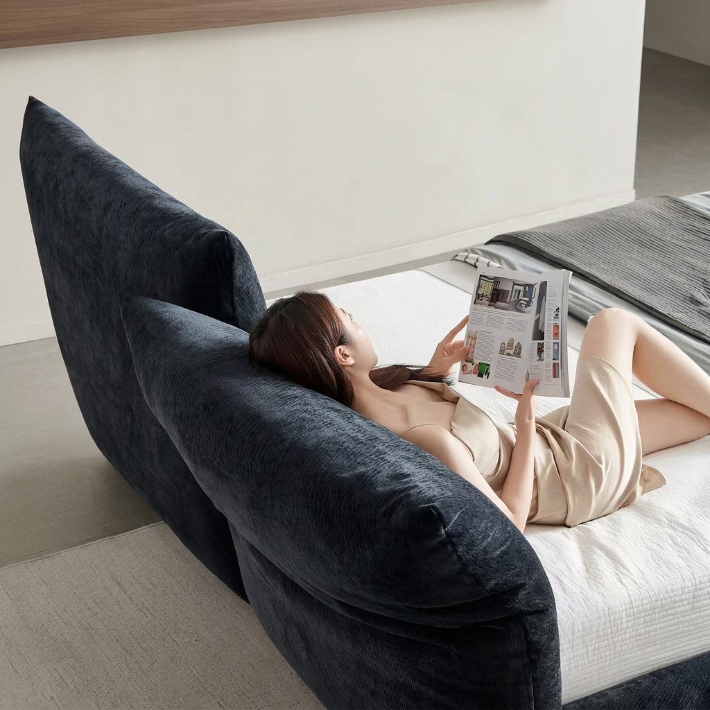 7. Zuri corduroy bed with a person reading