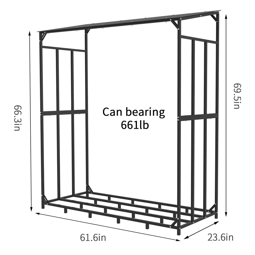 70" Outdoor Metal Log Store Stack Holder Wood Firewood Rack Garden Storage Shed with Waterproof Roof