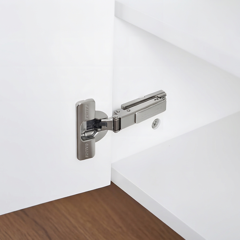 8. Acacia white TV stand hinge detail
