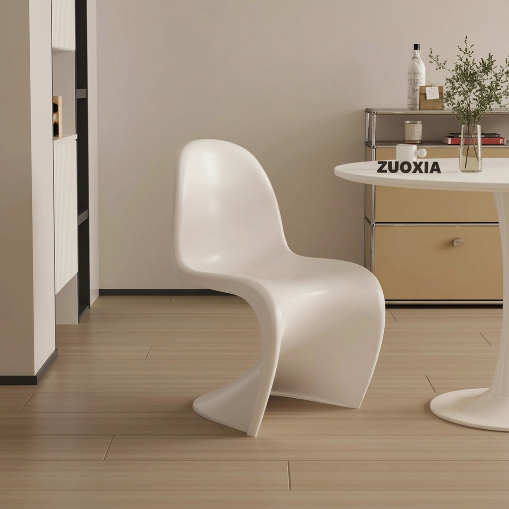 8. Aimee white dining chair beside a modular cabinet