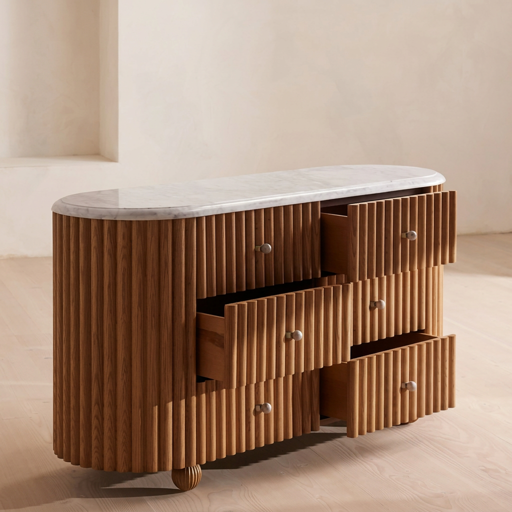 8. Ava white marble sideboard with open drawers