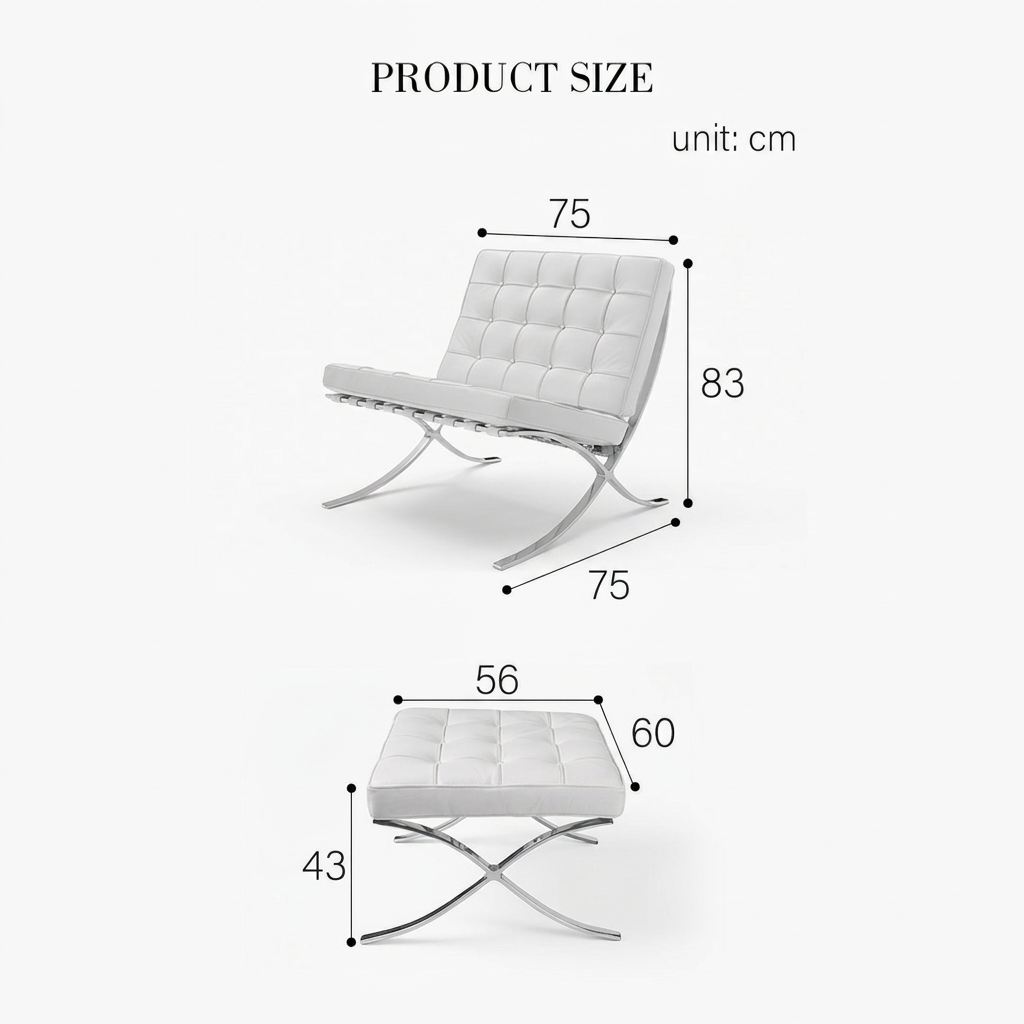 8. Barcelona white leather chair and footstool dimensions