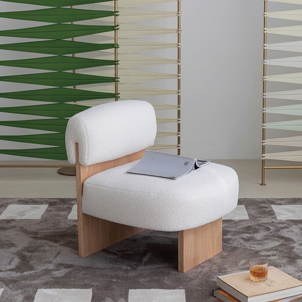8. Evander white boucle chair with an open magazine