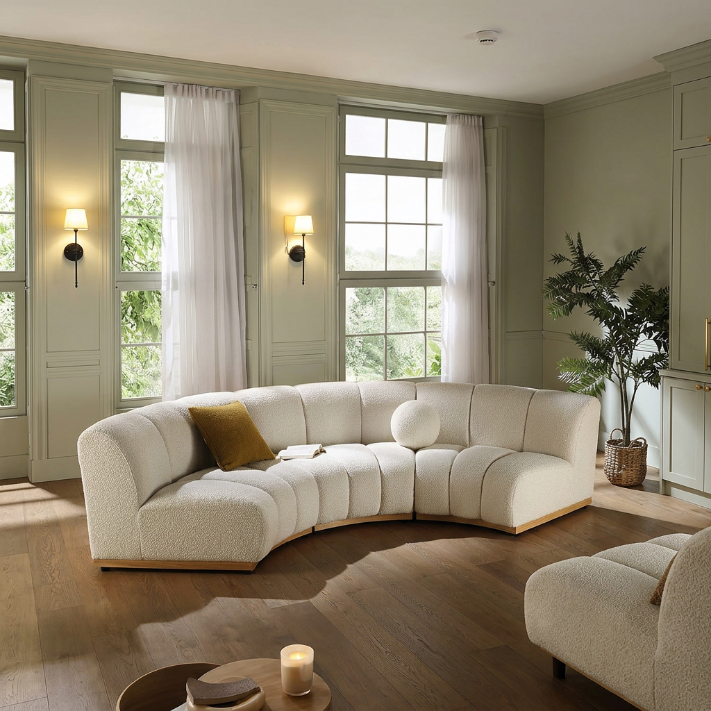 8. Zafar curved sofa with a mustard cushion viewed from above