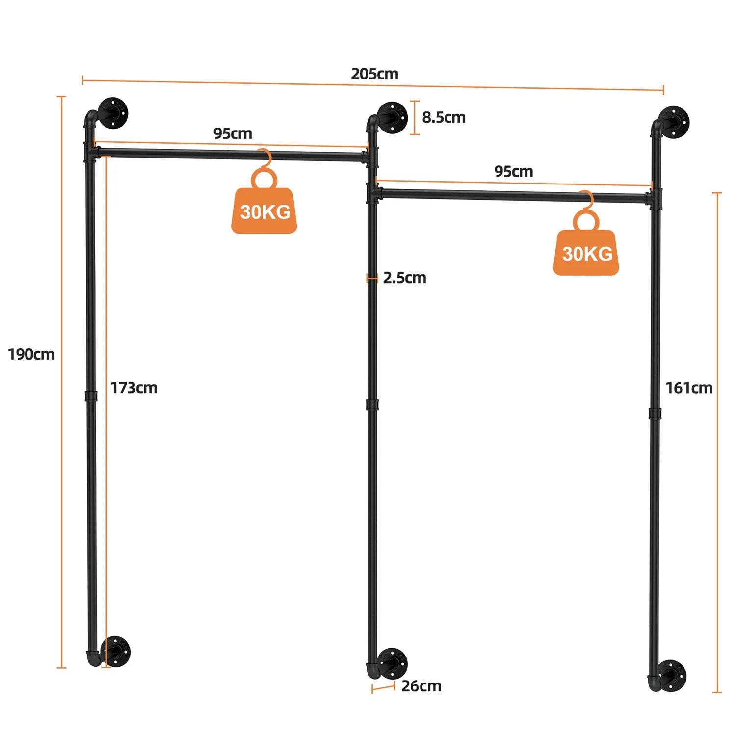 80.7 Inch Long Industrial Pipe Clothes Rack Double Clothes Rail Loft Residential Tidy Wardrobe Wall Clothing Hanging Rack