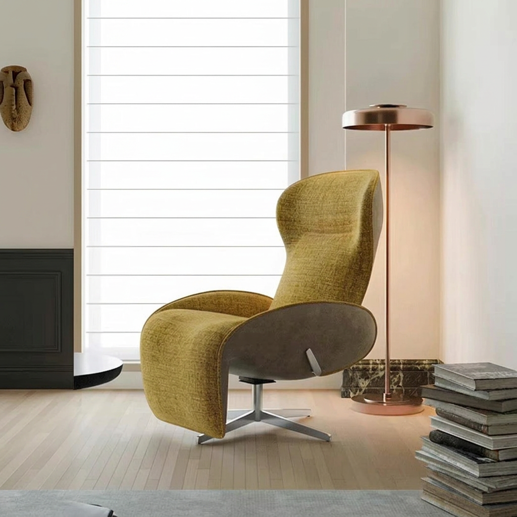 9. Abt mustard swivel recliner beside a floor lamp