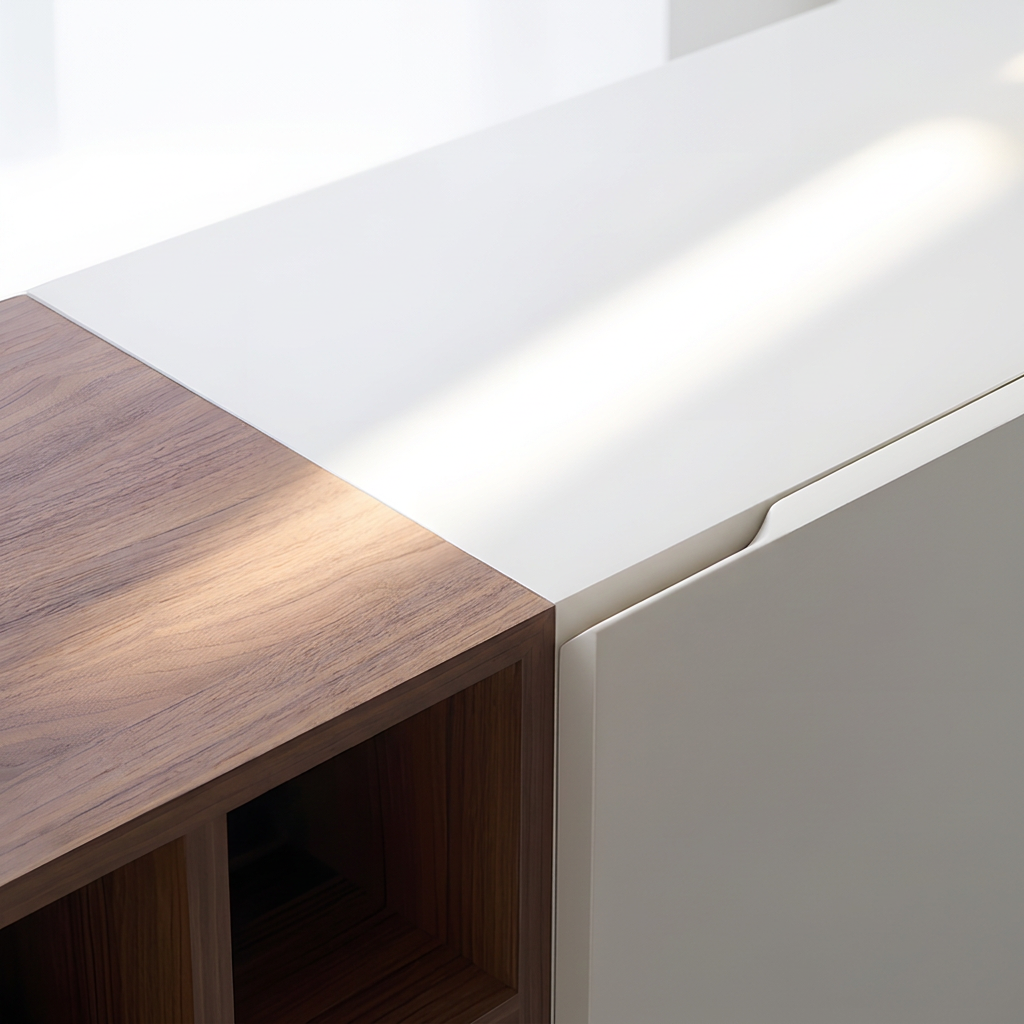 9. Acacia white TV stand walnut shelf and door edge detail