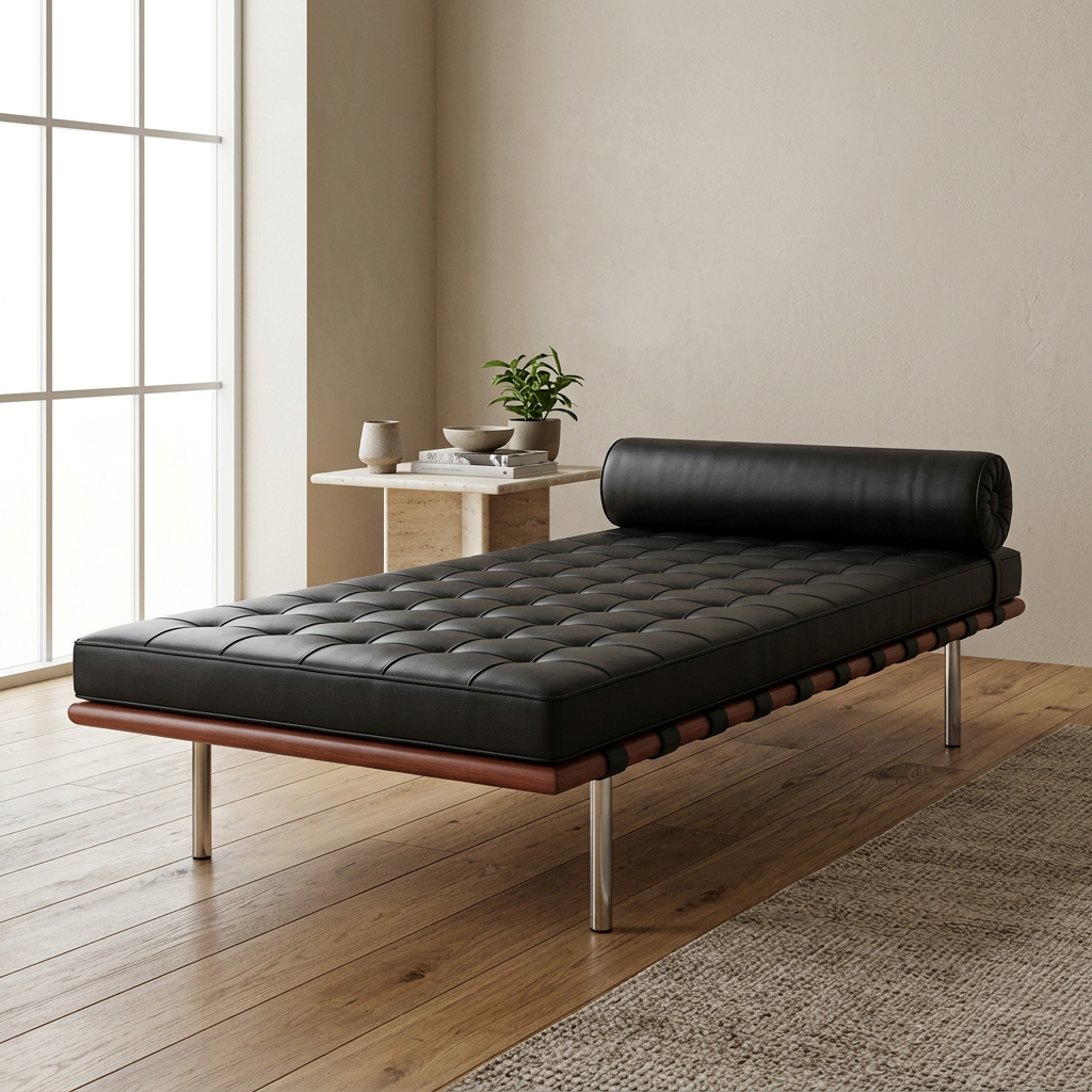 9. Barcelona black leather daybed in a contemporary beige living room