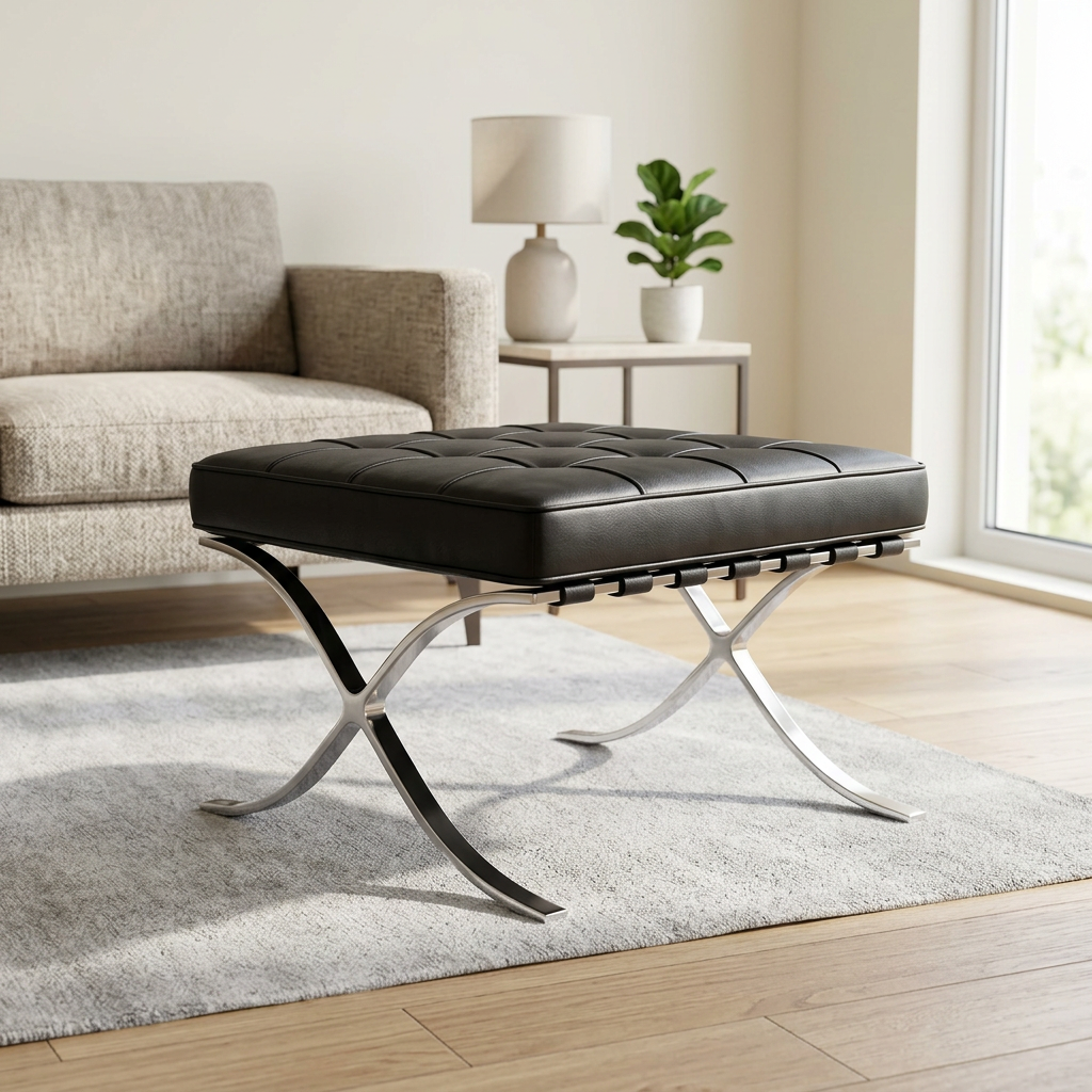 9. Barcelona black leather ottoman in a contemporary living room
