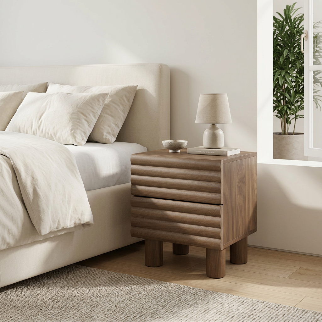 9. Clancy wooden bedside table in a contemporary ivory bedroom
