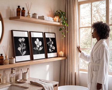 A woman in a white bathrobe stands by a window in a spa-like bathroom, looking out while touching the curtain. Three framed black-and-white botanical prints hang on light wood floating shelves above a vanity with candles, bottles, and folded towels.