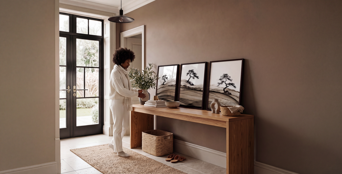 A person in a white robe stands in a doorway holding a plant next to a wooden console table displaying three framed landscape prints against a warm taupe wall.