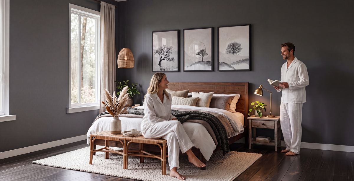 A man and a woman in white robes relax in a modern bedroom with dark gray walls, a wooden bed, and three framed black-and-white landscape prints above the headboard.