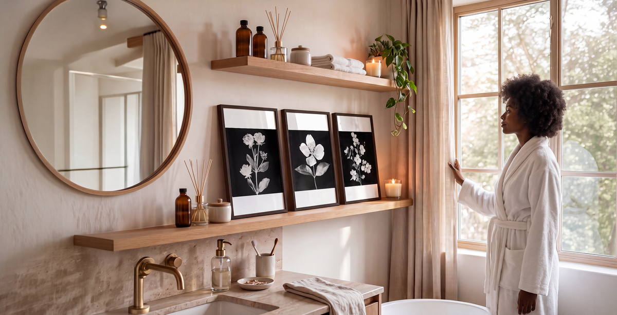 A woman in a white robe stands by a window in a bright, modern bathroom, looking out while a round mirror, wooden floating shelves, and three framed botanical prints hang on the wall.
