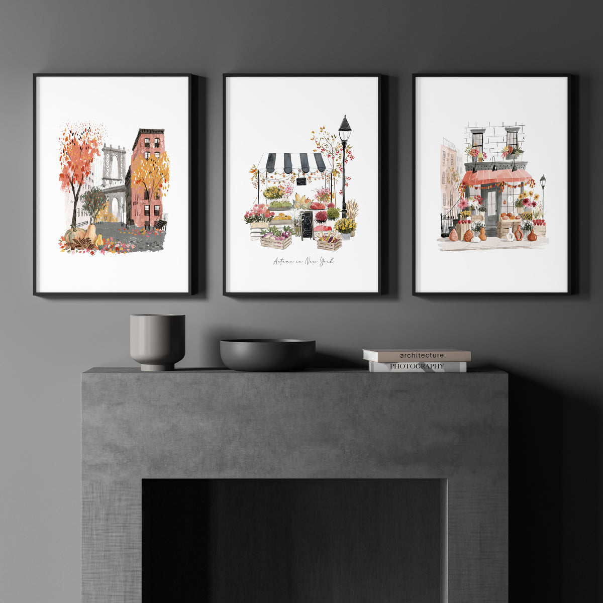 Travel Art Prints "Autumn in New York" NYC Watercolour Manhattan | Set of 3