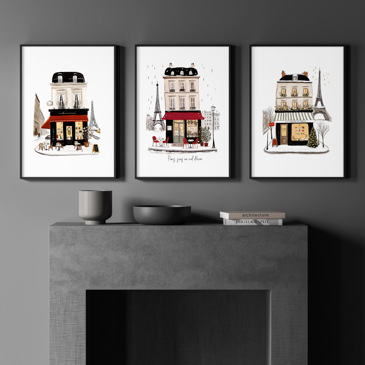 Interior Design Art Paris Winter Street Scene Wall Art Prints | "Paris sous un ciel d'hiver" | Set of 3