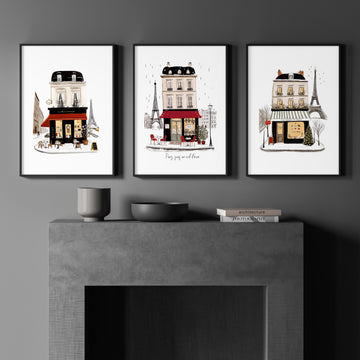 Interior Design Art Paris Winter Street Scene Wall Art Prints | "Paris sous un ciel d'hiver" | Set of 3