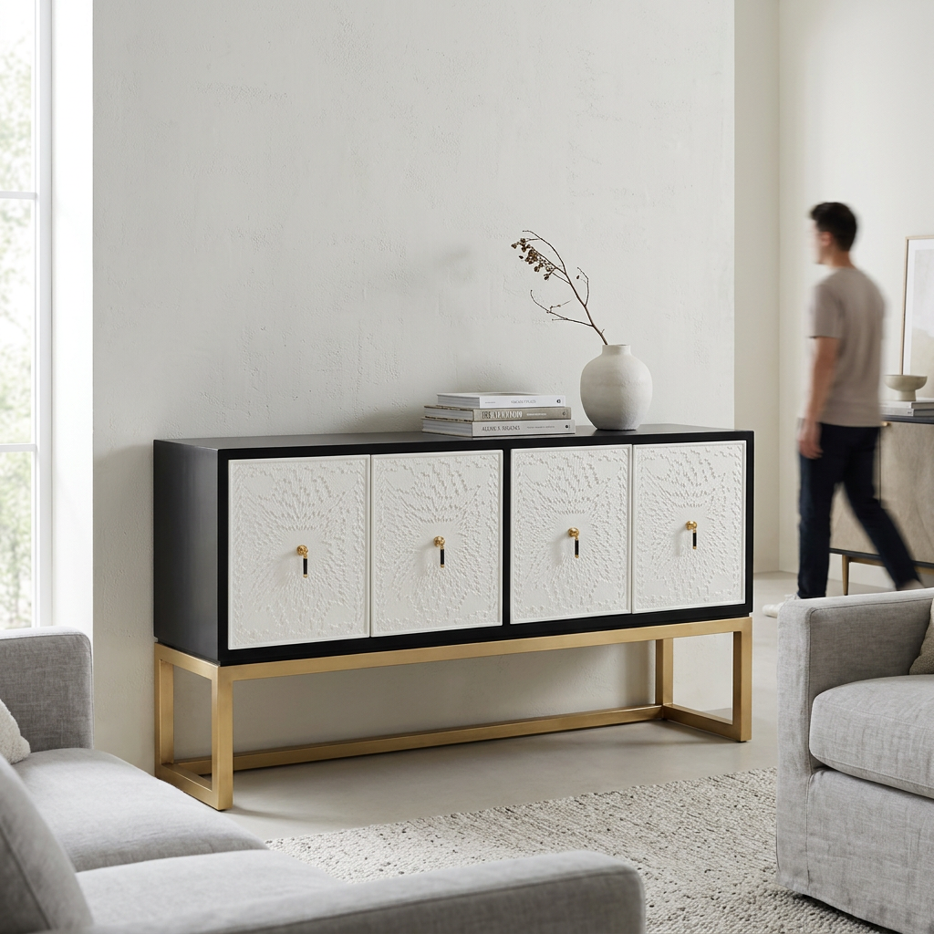 Dumas Black and White 4 Door Sideboard with Gold Base