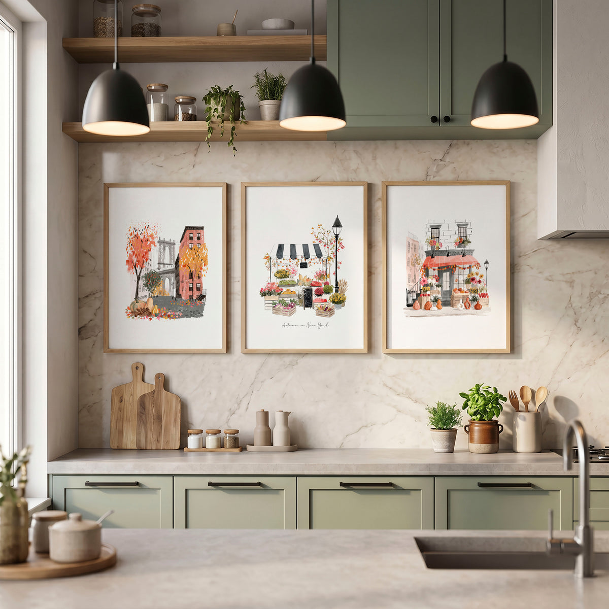 Wall Hangings for the Kitchen | "Autumn in New York" Travel Art Prints | Set of 3