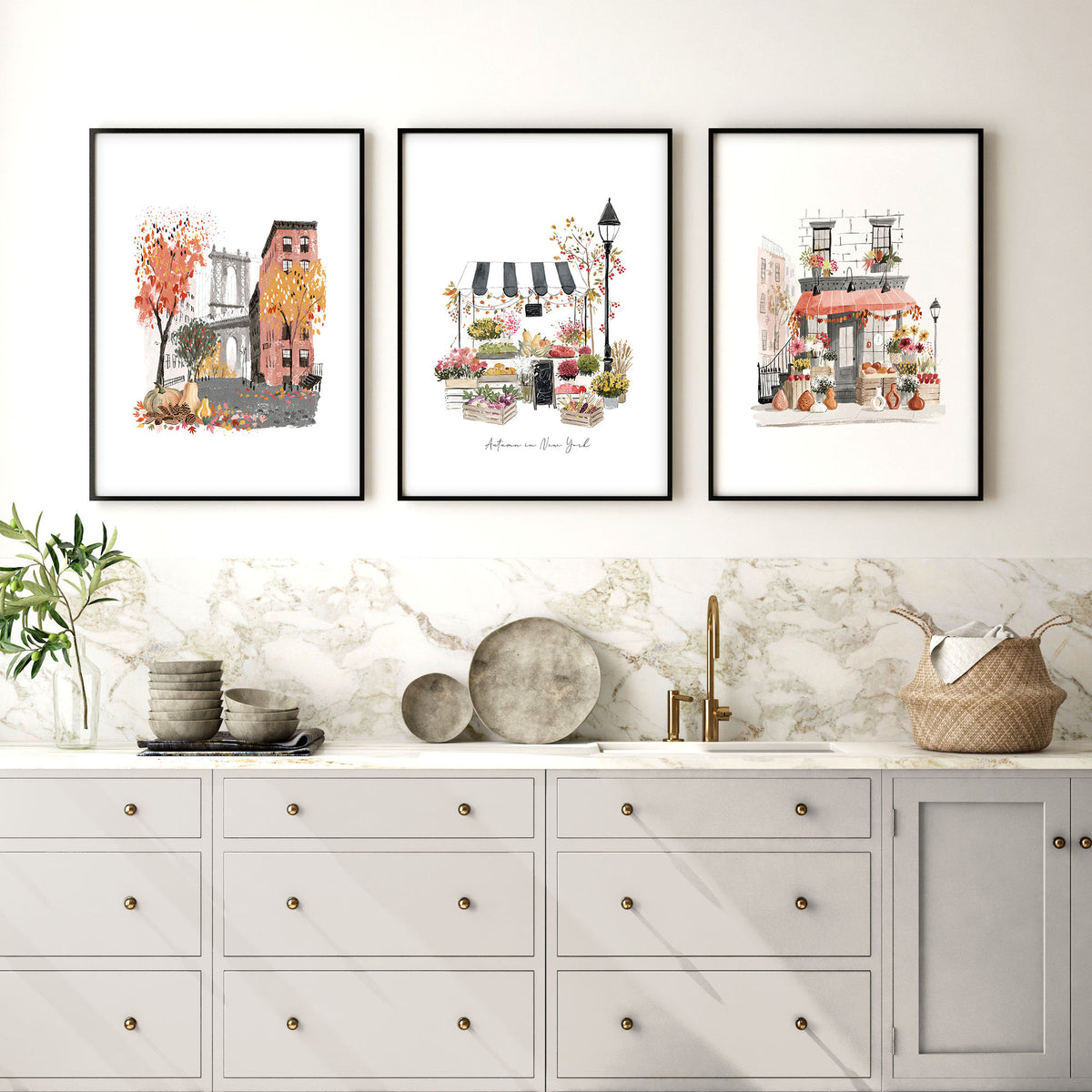 Wall Hangings for the Kitchen | "Autumn in New York" Travel Art Prints | Set of 3