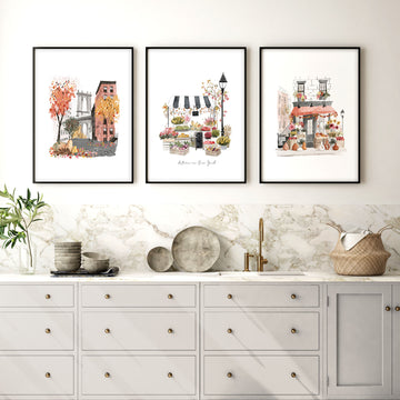 Wall Hangings for the Kitchen | "Autumn in New York" Travel Art Prints | Set of 3