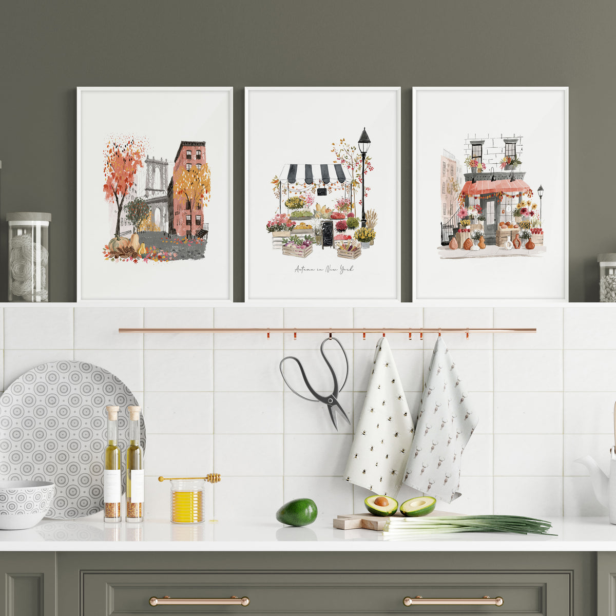 Wall Hangings for the Kitchen | "Autumn in New York" Travel Art Prints | Set of 3