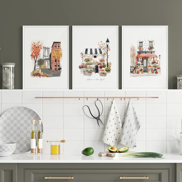 Wall Hangings for the Kitchen | "Autumn in New York" Travel Art Prints | Set of 3