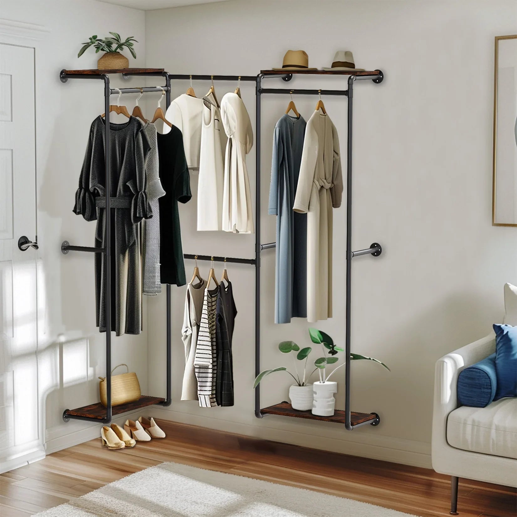 Industrial Pipe Clothes Rack, Wall-Mounted Metal Clothes Stand, Walk-in Wardrobe, with Shelves