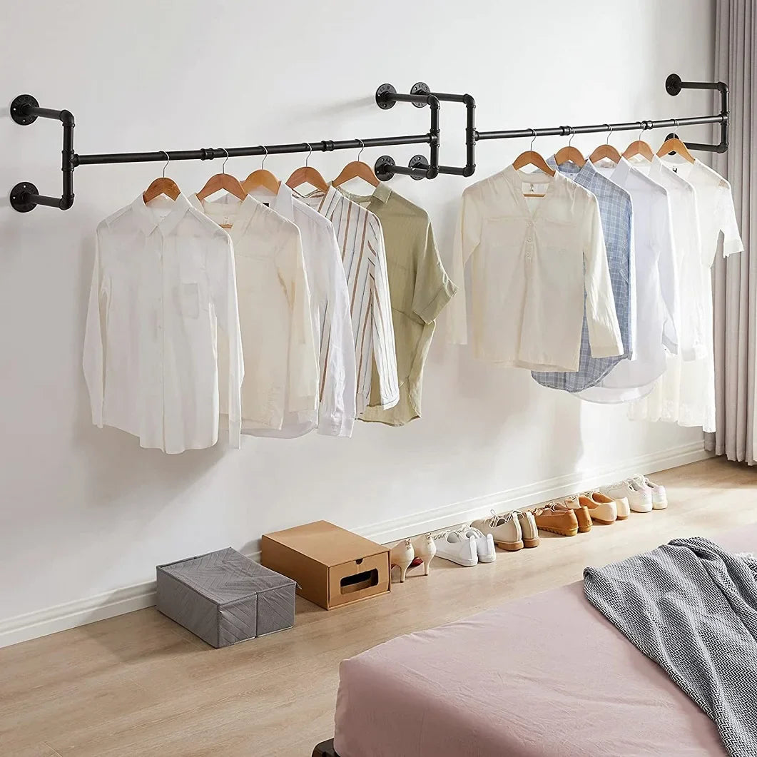 Industrial Pipe Clothing Rack, Heavy Duty, Wall Mounted, Garment Bar, Open Wardrobe Storage, Adjustable, 90 cm, 135 cm, 108cm