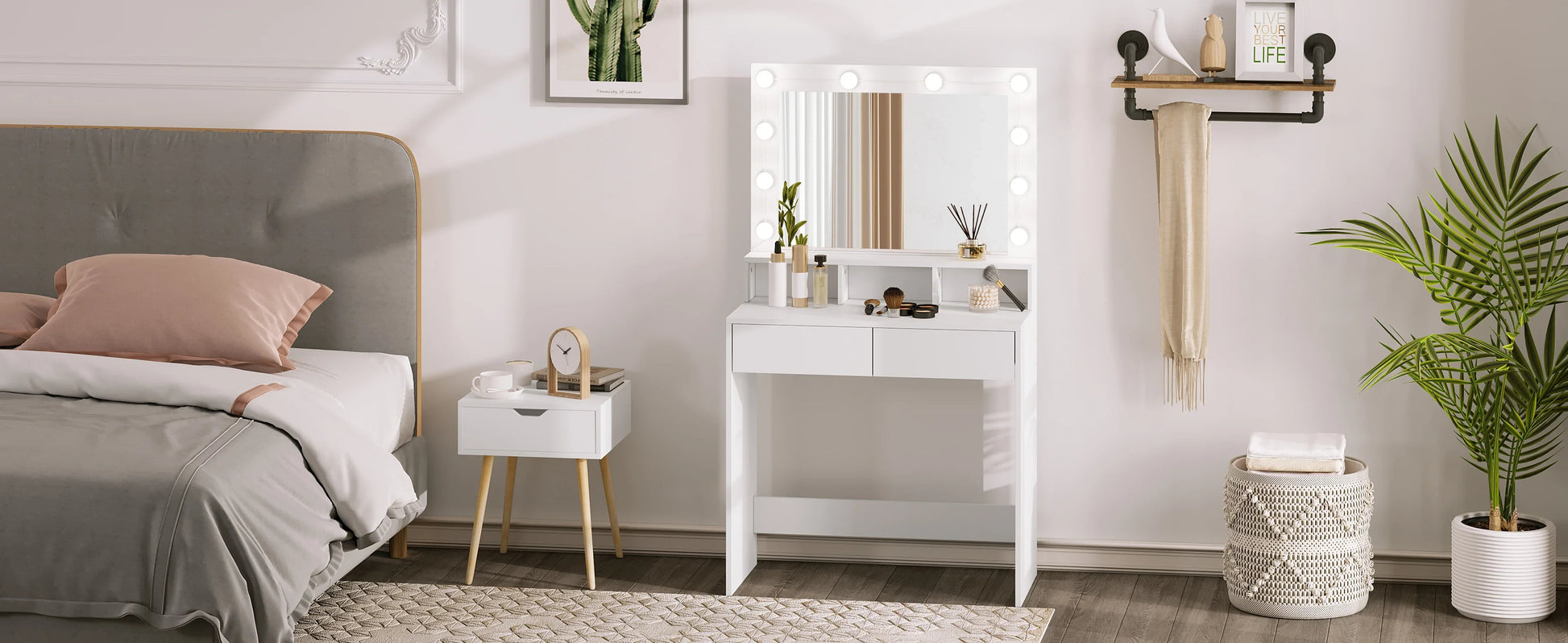 White Wooden Dressing Table Make up Cosmetic Table  with Adjustable LED Lighting Mirror vanity dresser for Gilrs  Women Bedroom
