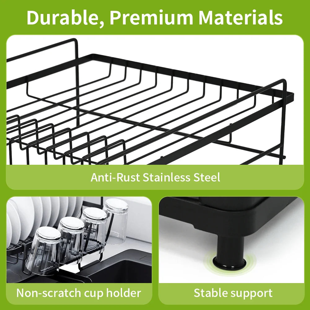 Dish Drainer Rack - Extendable Dish Drainer, Multifunctional Anti-Rust Dish Rack for Kitchen Counter, with Cutlery & Cup Holders