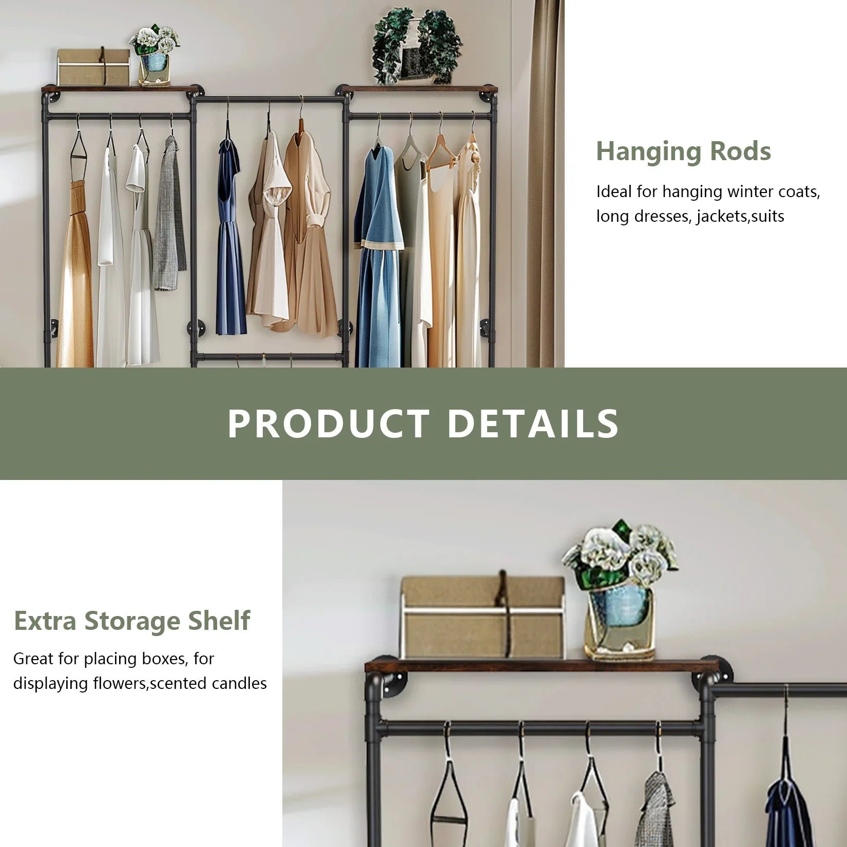 Industrial Pipe Clothes Rack, Wall-Mounted Metal Clothes Stand, Walk-in Wardrobe, with Shelves
