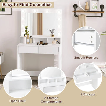 White Wooden Dressing Table Make up Cosmetic Table  with Adjustable LED Lighting Mirror vanity dresser for Gilrs  Women Bedroom